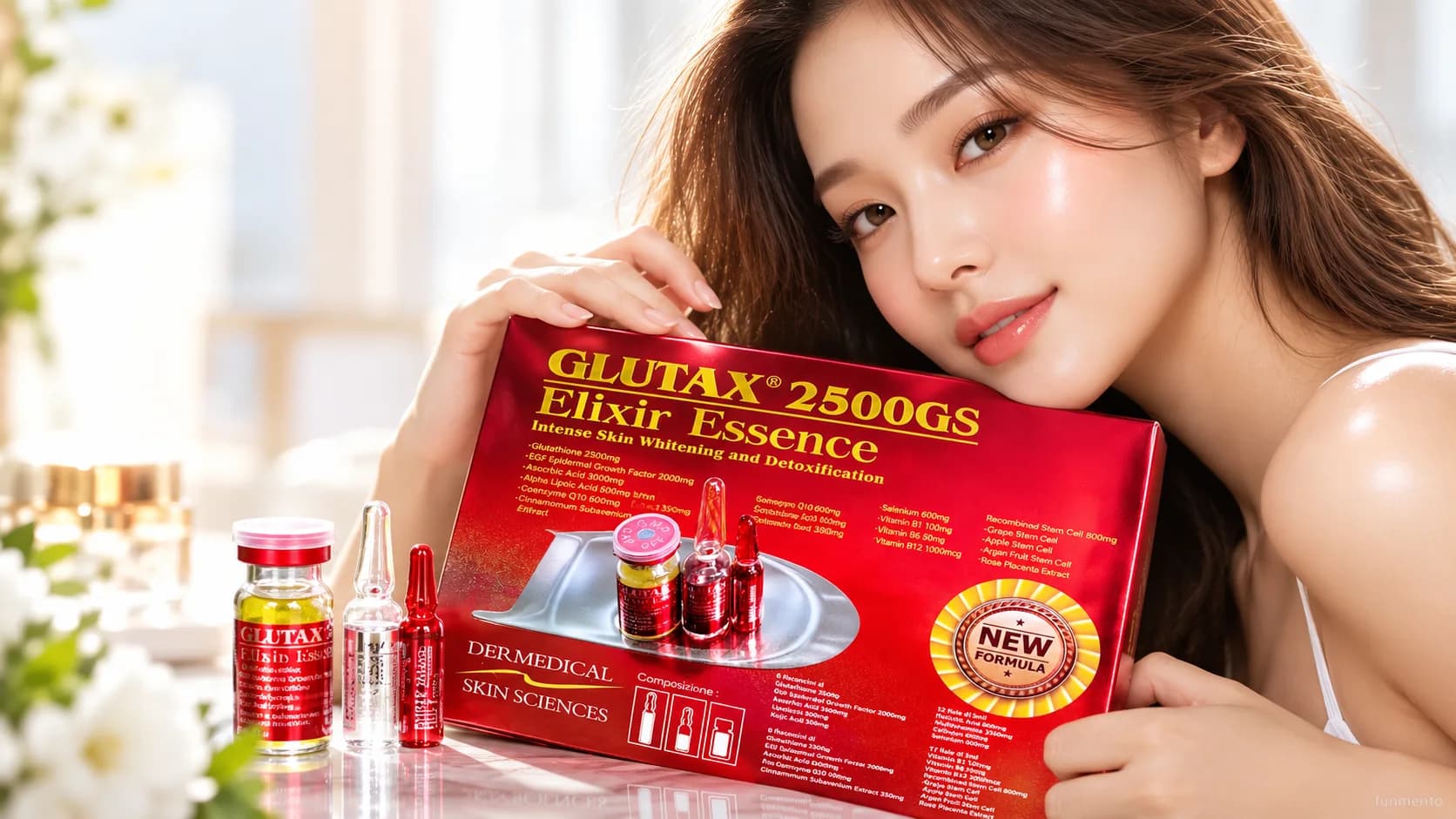 Woman holding a Glutax 2500GS Elixir Essence box