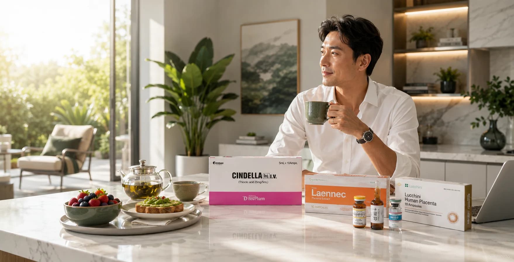 Man with tea beside Cindella, Laennec and Lucchini boxes