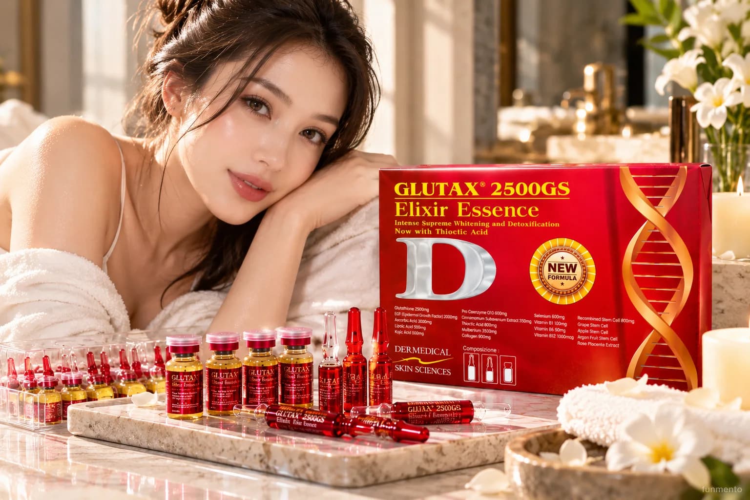 Woman beside a Glutax 2500GS Elixir Essence box
