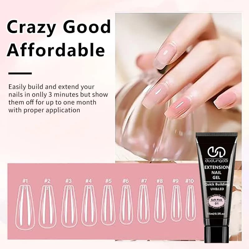 clear poly gel nail extension kit with tips and brush — image 4