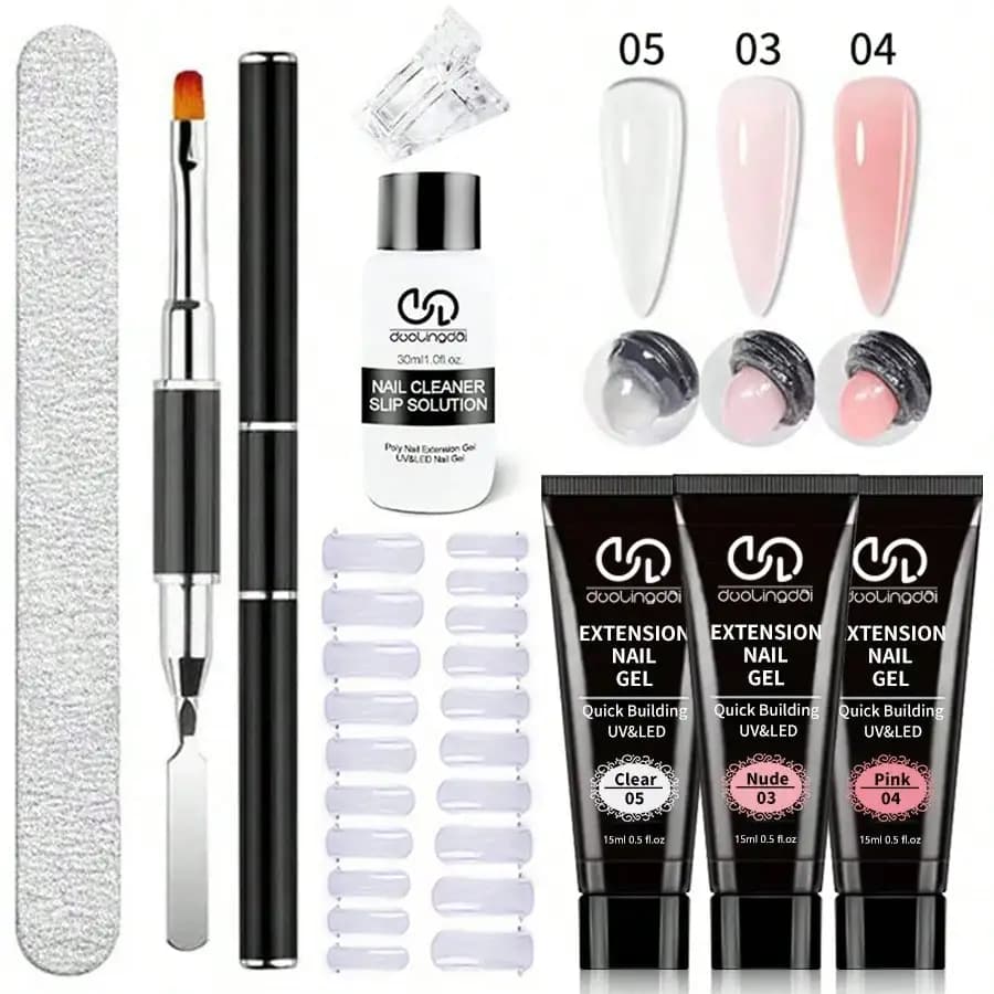 clear poly gel nail extension kit with tips and brush — image 1