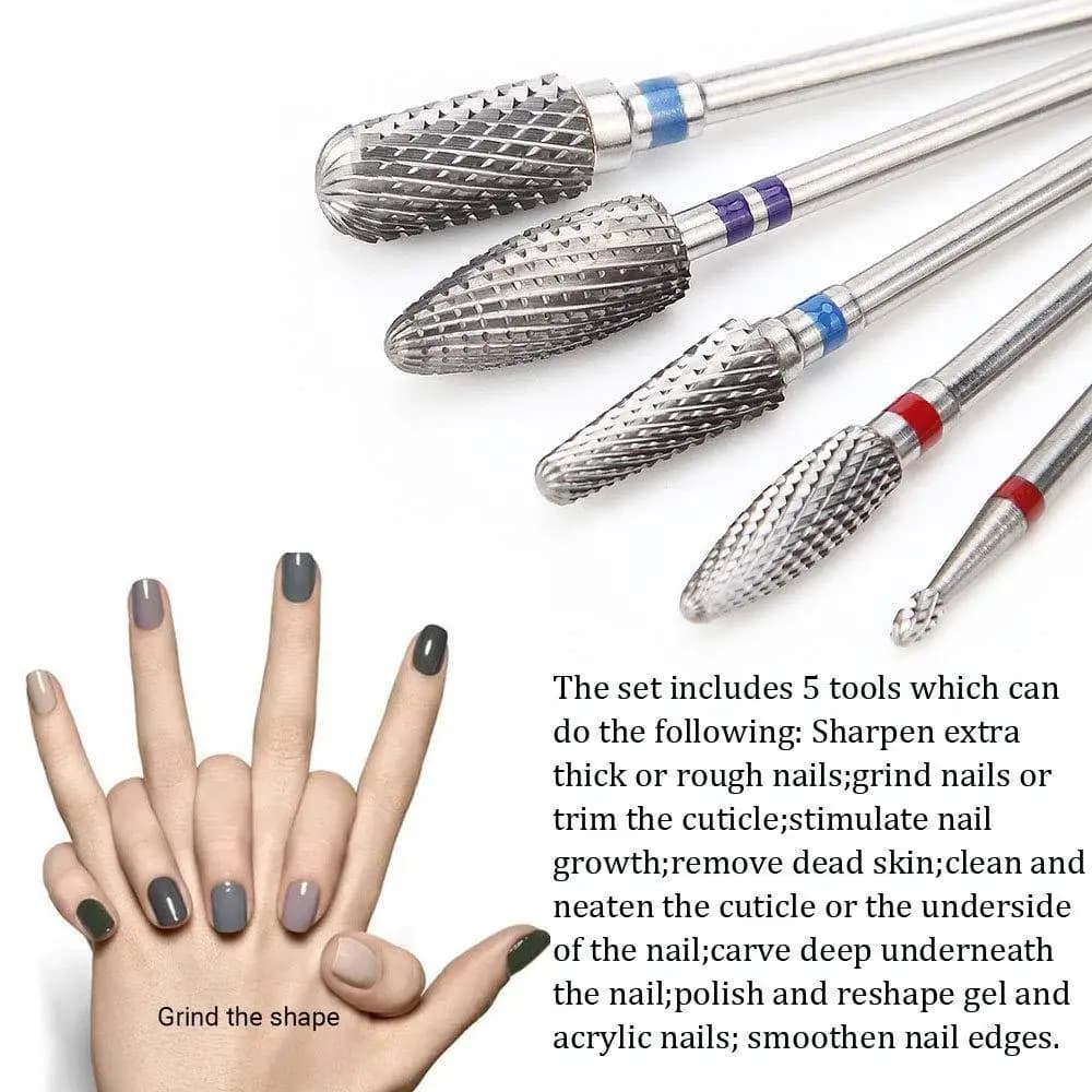 Set of five tungsten steel nail drill bits for gel removal — image 6
