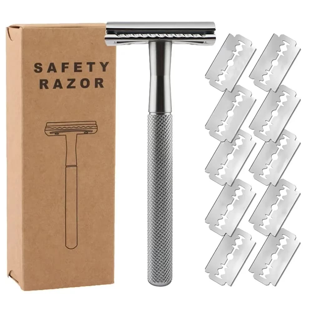 metal double edge safety razor with ten platinum coated blades — image 2