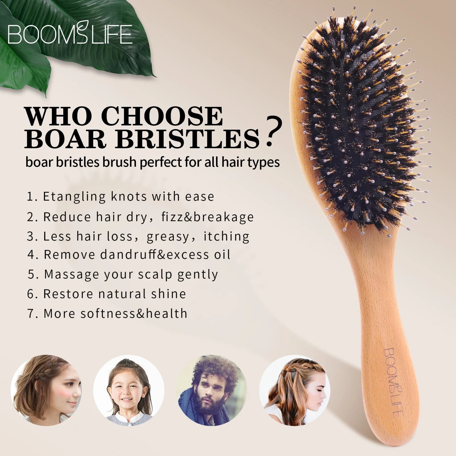 soft boar bristle hair brush with wooden handle — image 5