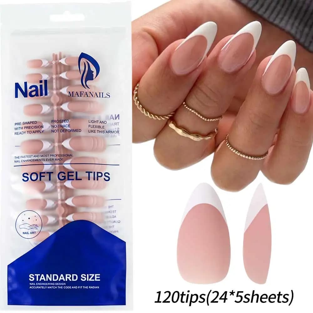 Matte White French Gel Nail Tips – Medium Almond, Nude (120 pcs)