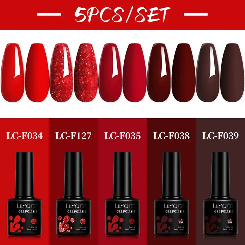 set of five red and brown semi-permanent UV nail gel tubes — image 7