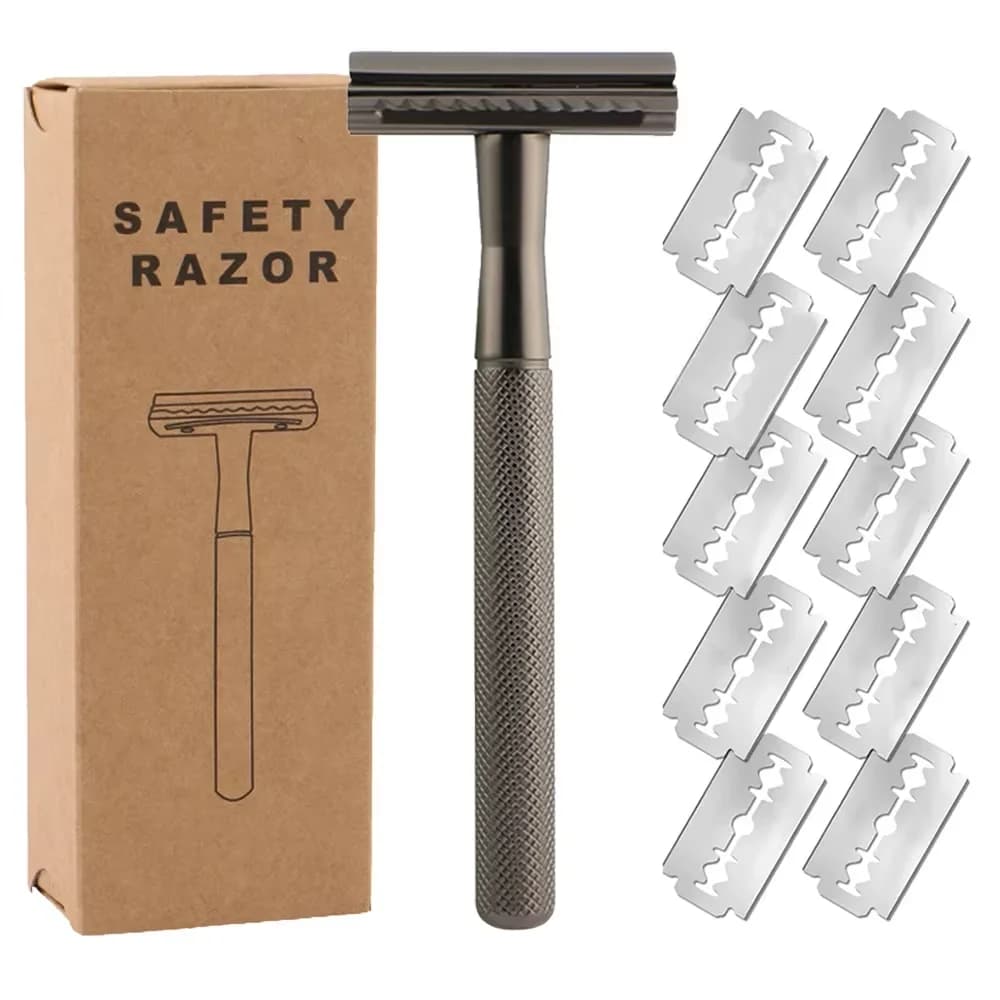 metal double edge safety razor with ten platinum coated blades — image 1