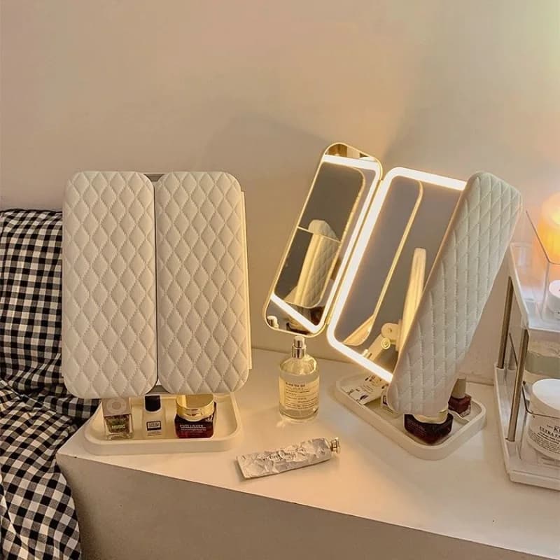 Trifold LED Makeup Mirror with Adjustable Lighting