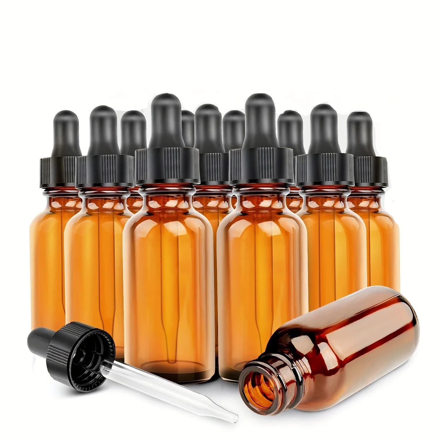 12‑Piece Amber Glass Dropper Bottles, 5 ml–50 ml