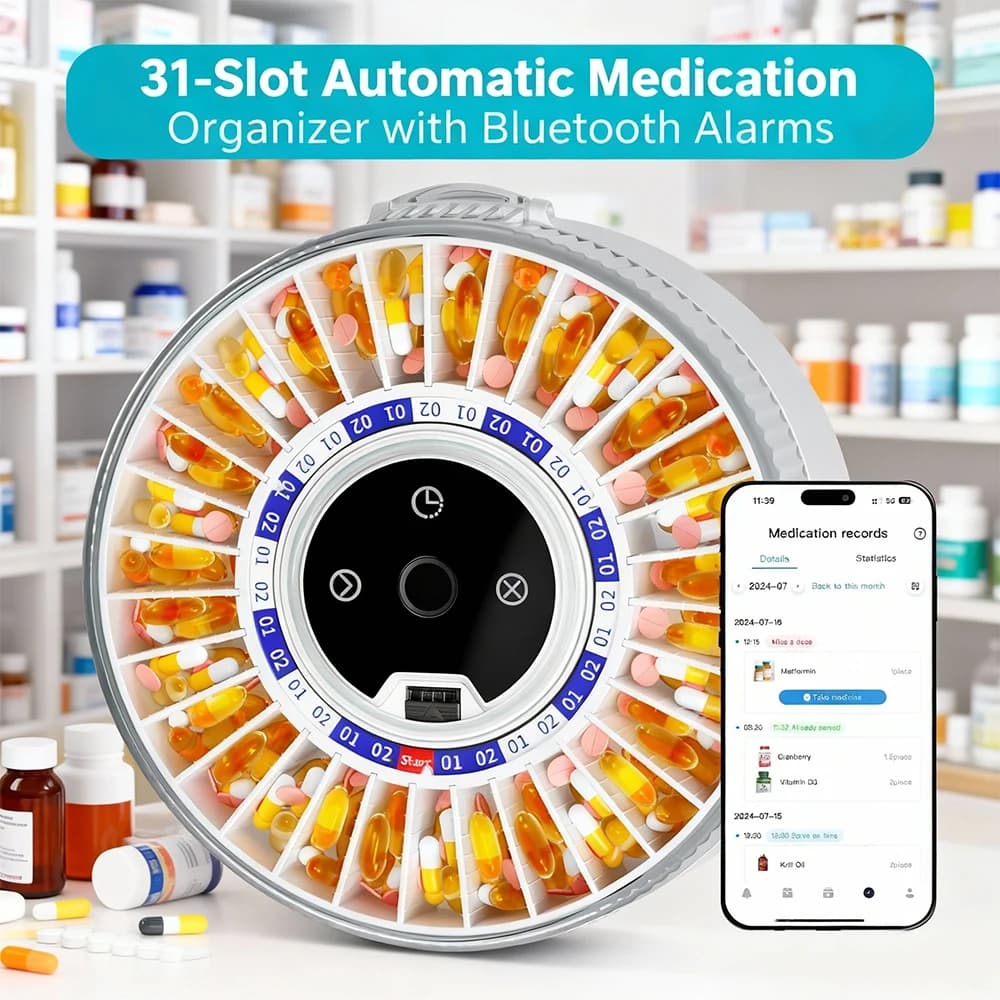 Smart Pill Dispenser with Bluetooth, Fingerprint Lock – 31‑Day Auto