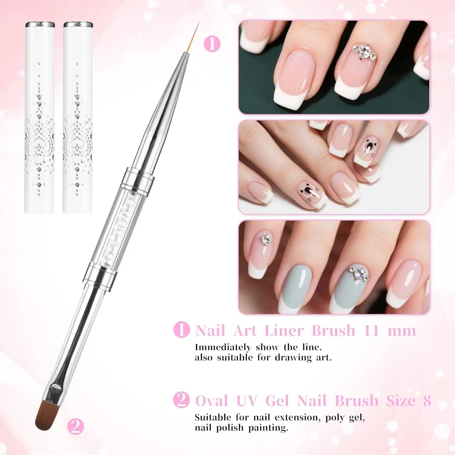 pair of double‑ended oval nail art brushes with rhinestone handles — image 3