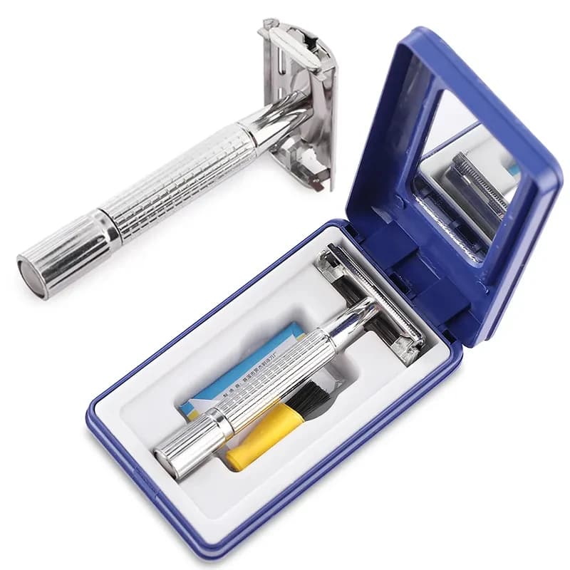 folding stainless steel straight razor with blades — image 1