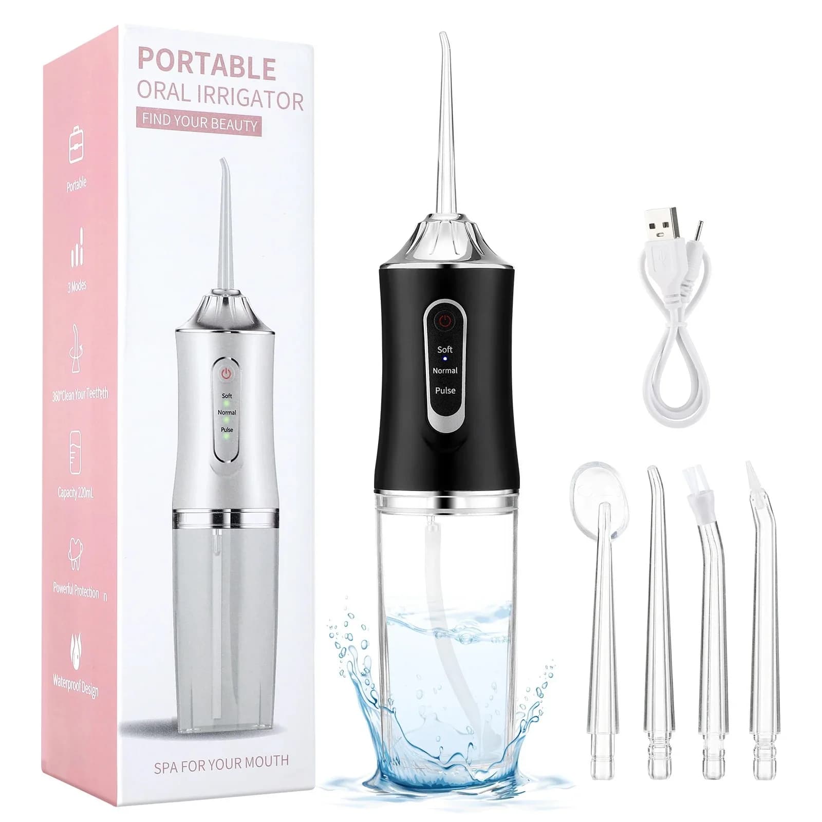 portable USB rechargeable dental water flosser with four jet tips — image 1