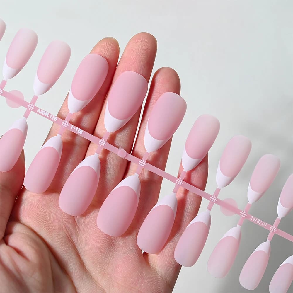 Matte white French gel nail tips, medium almond shape, nude color — image 4