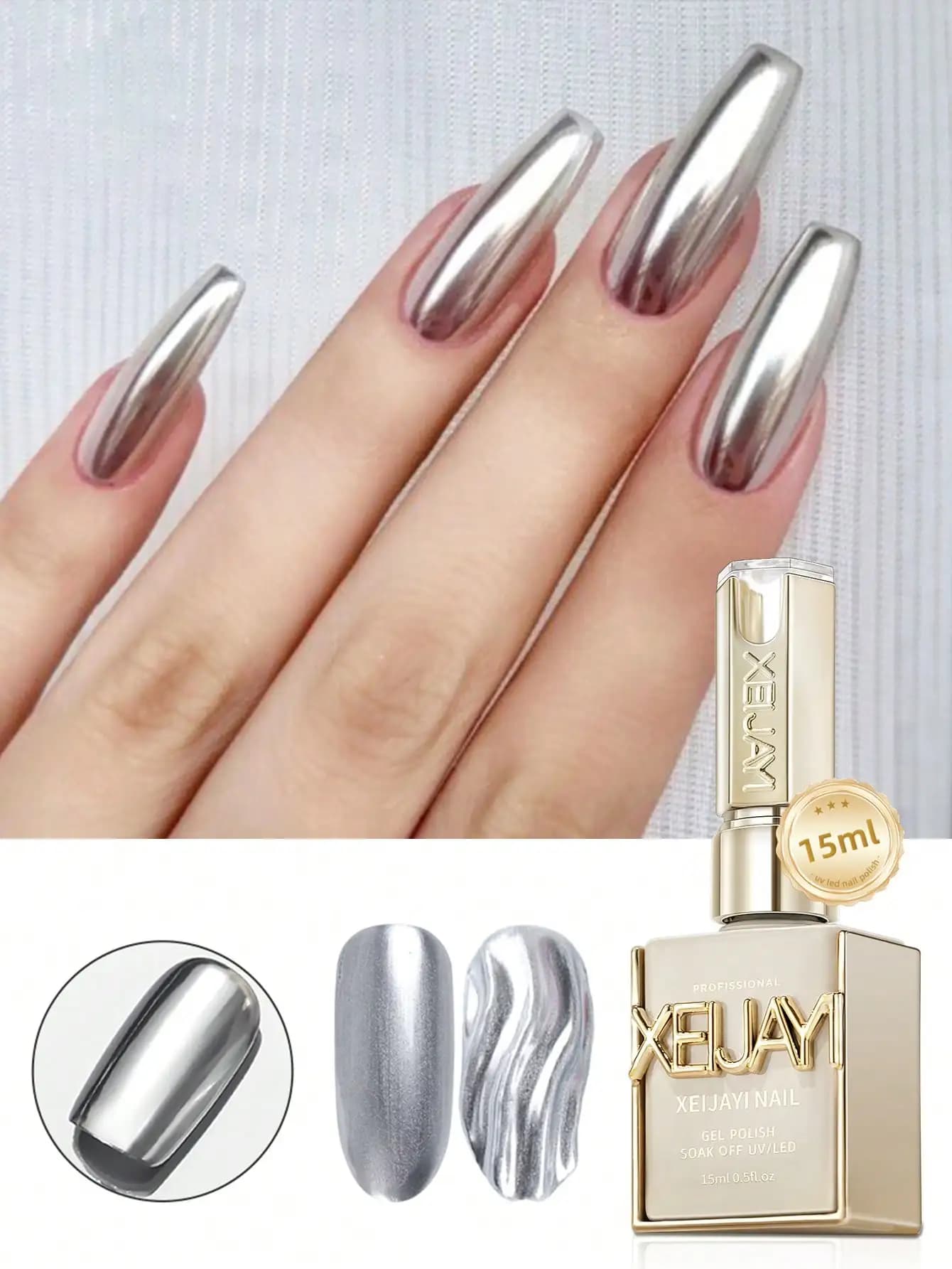 silver mirror gel nail polish bottle 15ml — image 1