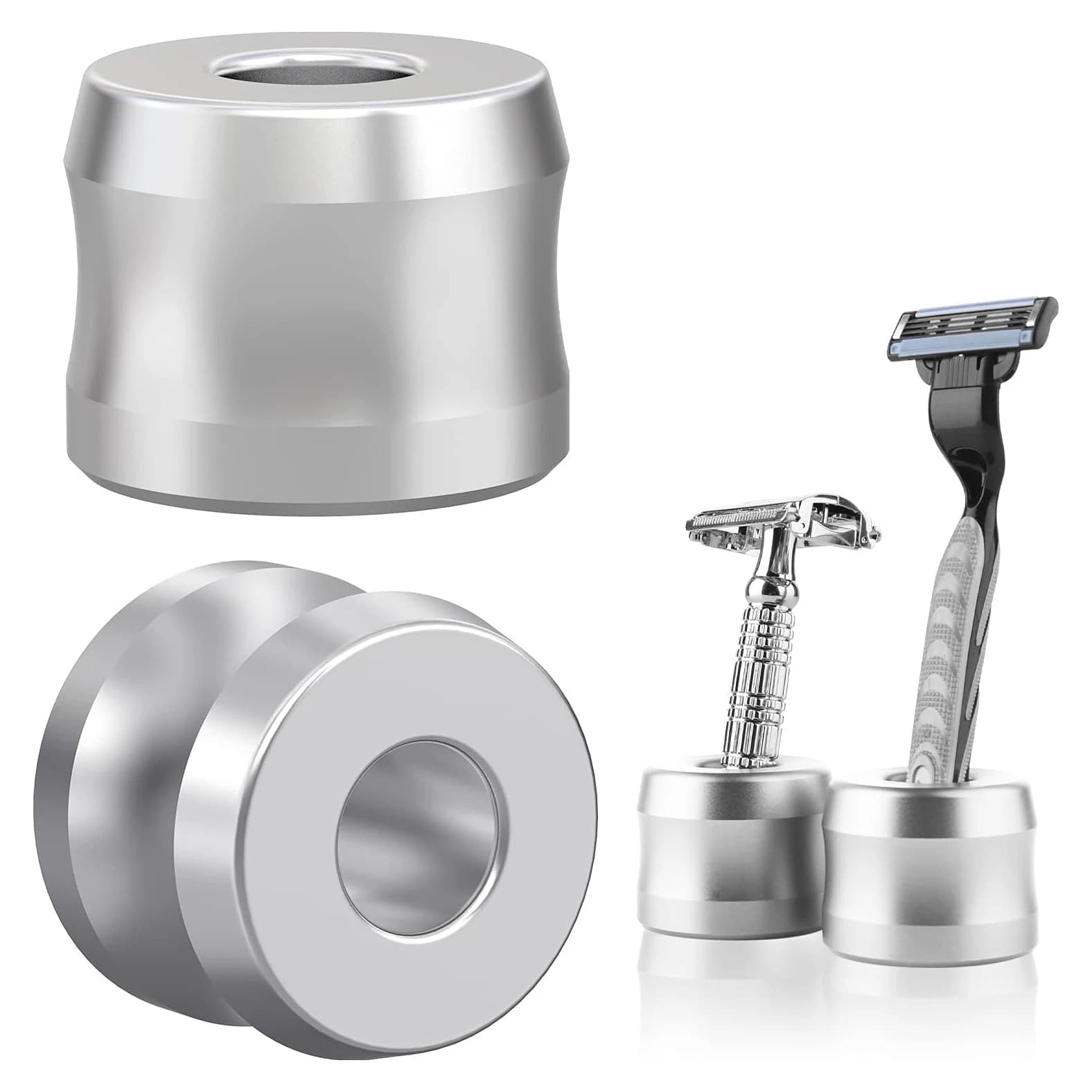 Aluminum safety razor stand on bathroom countertop — image 6
