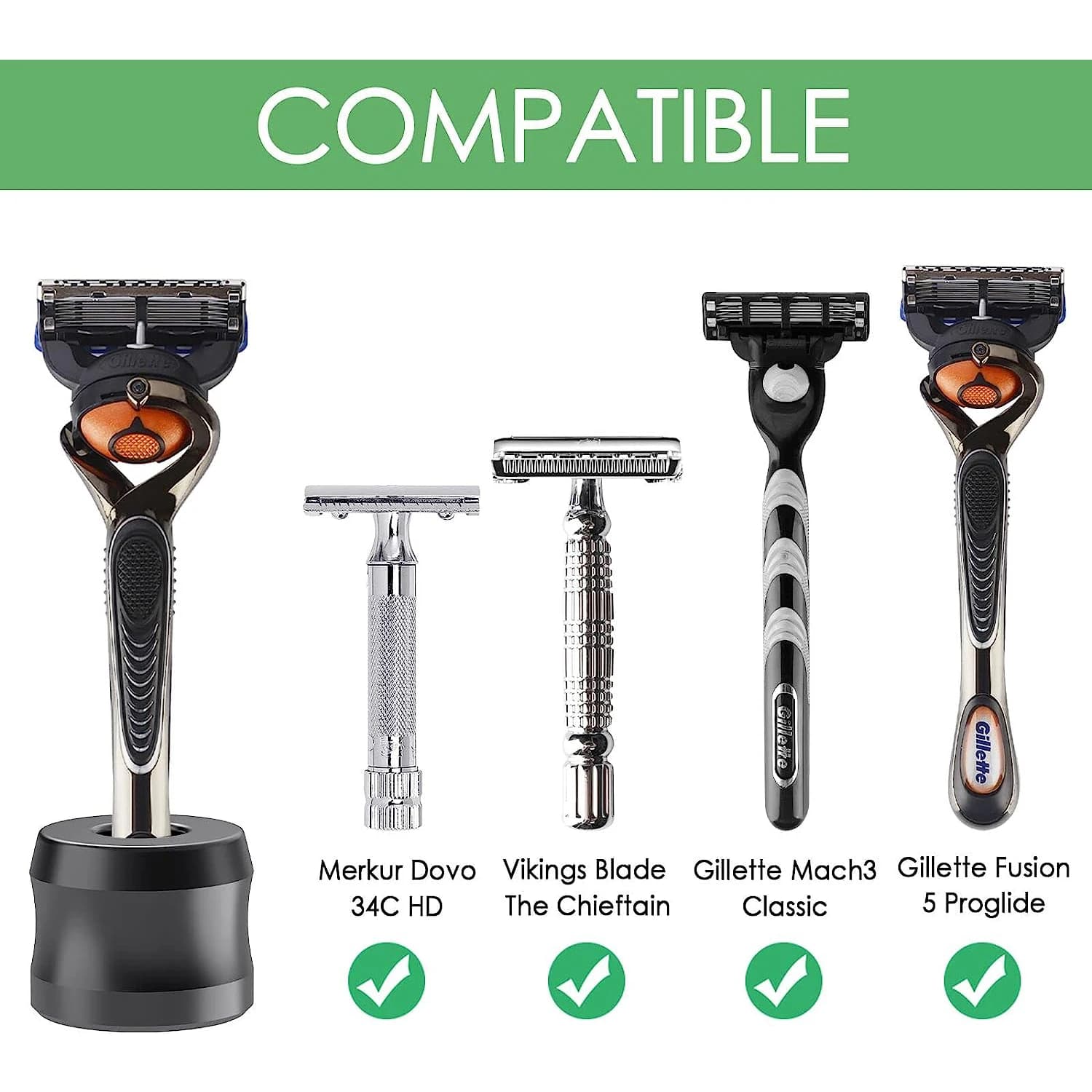 Aluminum safety razor stand on bathroom countertop — image 3