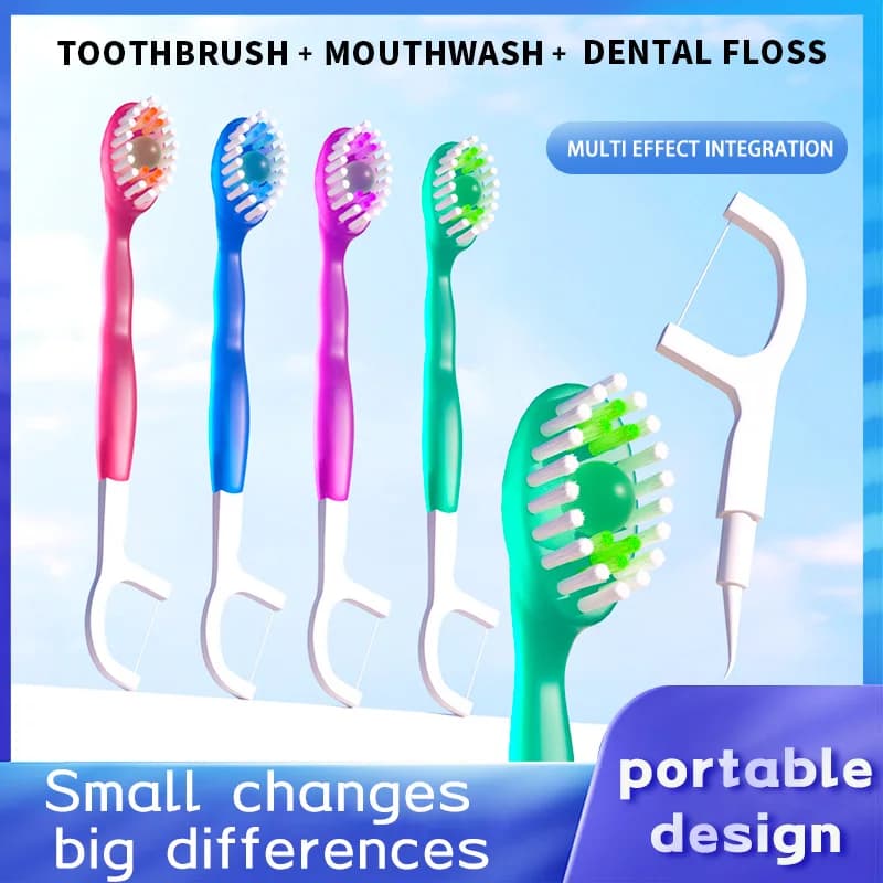 portable 5-in-1 dental care kit with toothbrush and floss — image 1