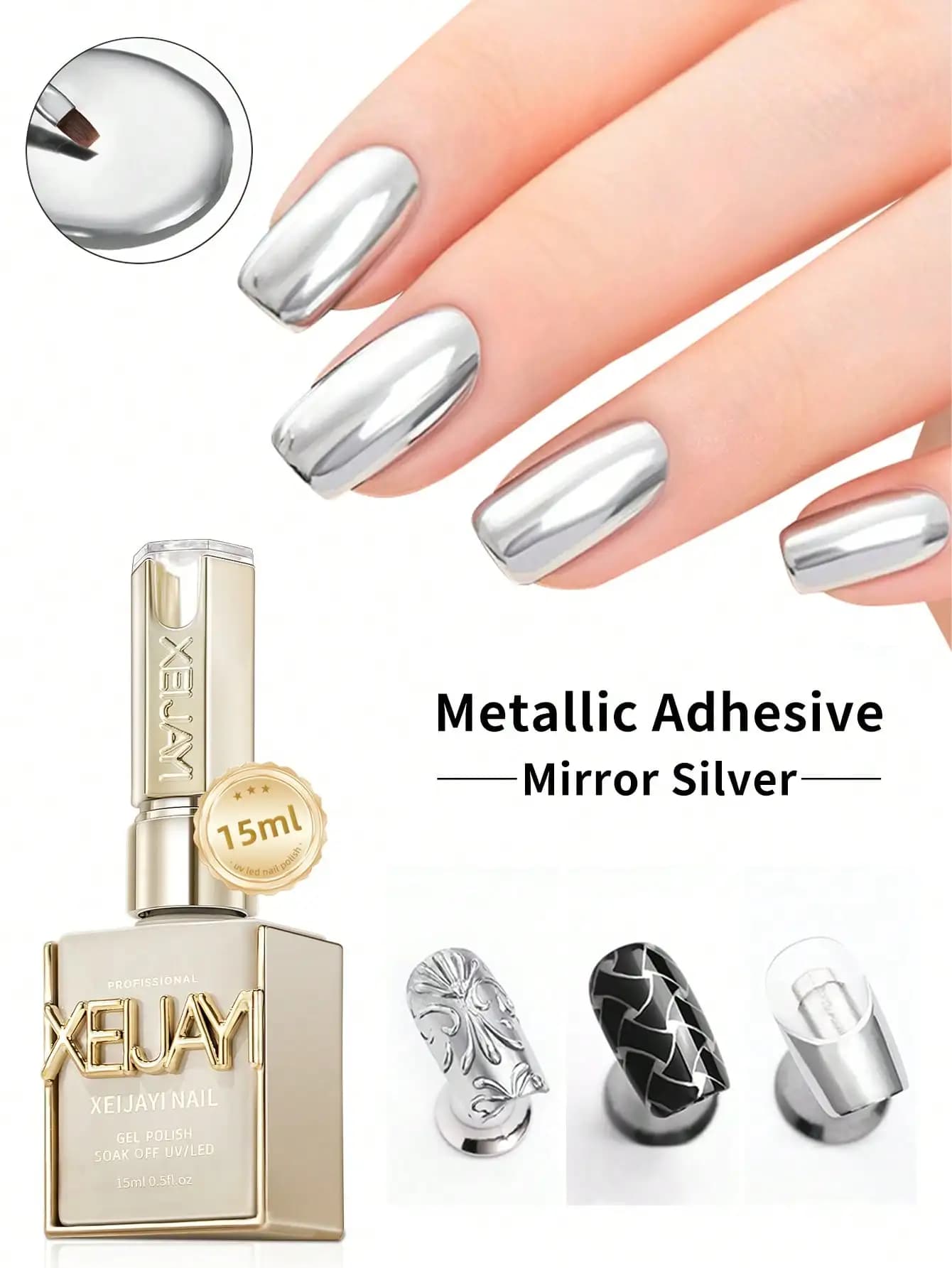 silver mirror gel nail polish bottle 15ml — image 2