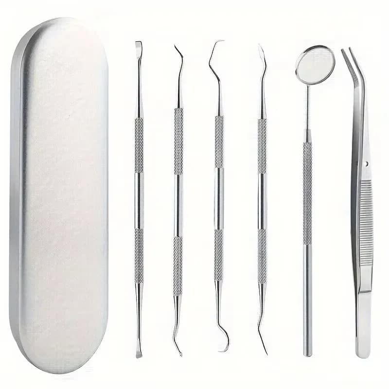 Stainless steel dental tool set with mirror, scope and tweezers — image 8