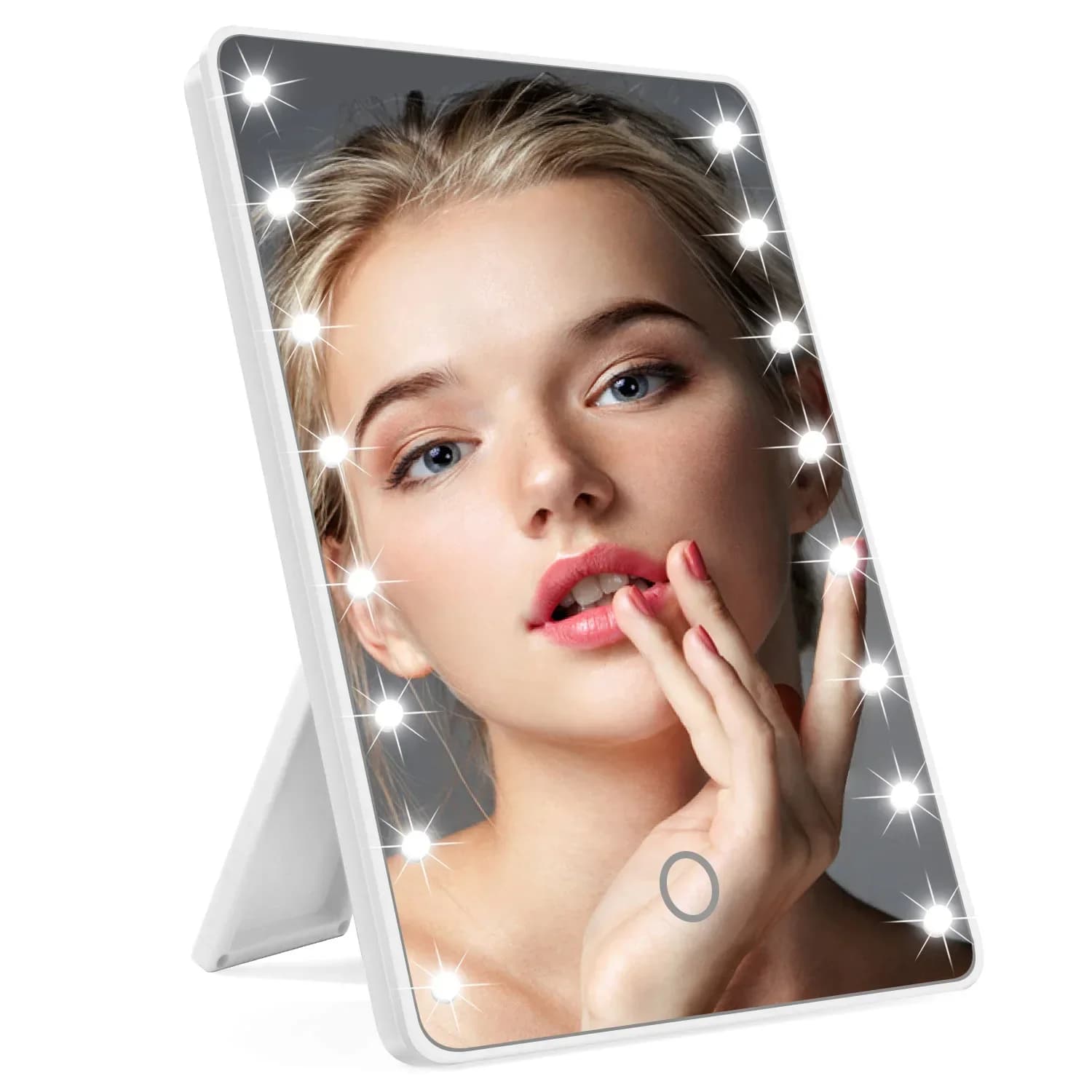 portable makeup mirror with 16 touch-adjustable LED lights — image 3
