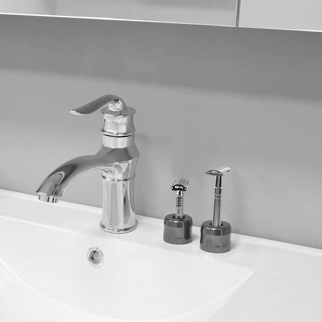 Aluminum safety razor stand on bathroom countertop — image 5