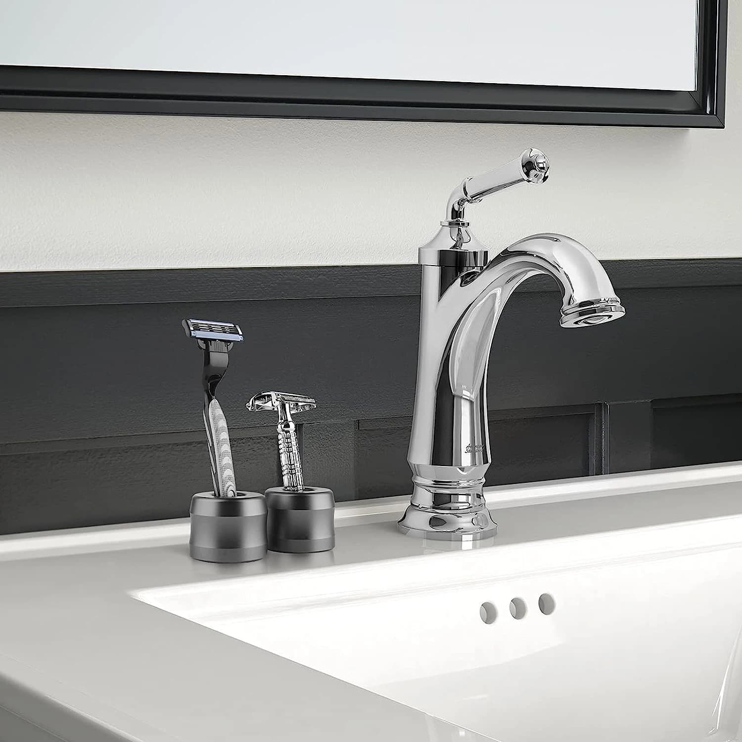 Aluminum safety razor stand on bathroom countertop — image 4