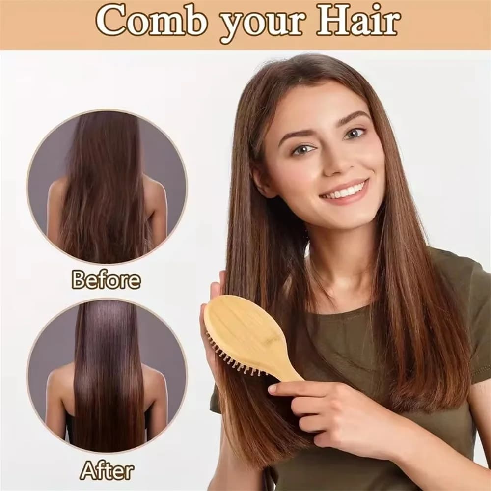 Natural bamboo paddle comb with air cushion — image 5
