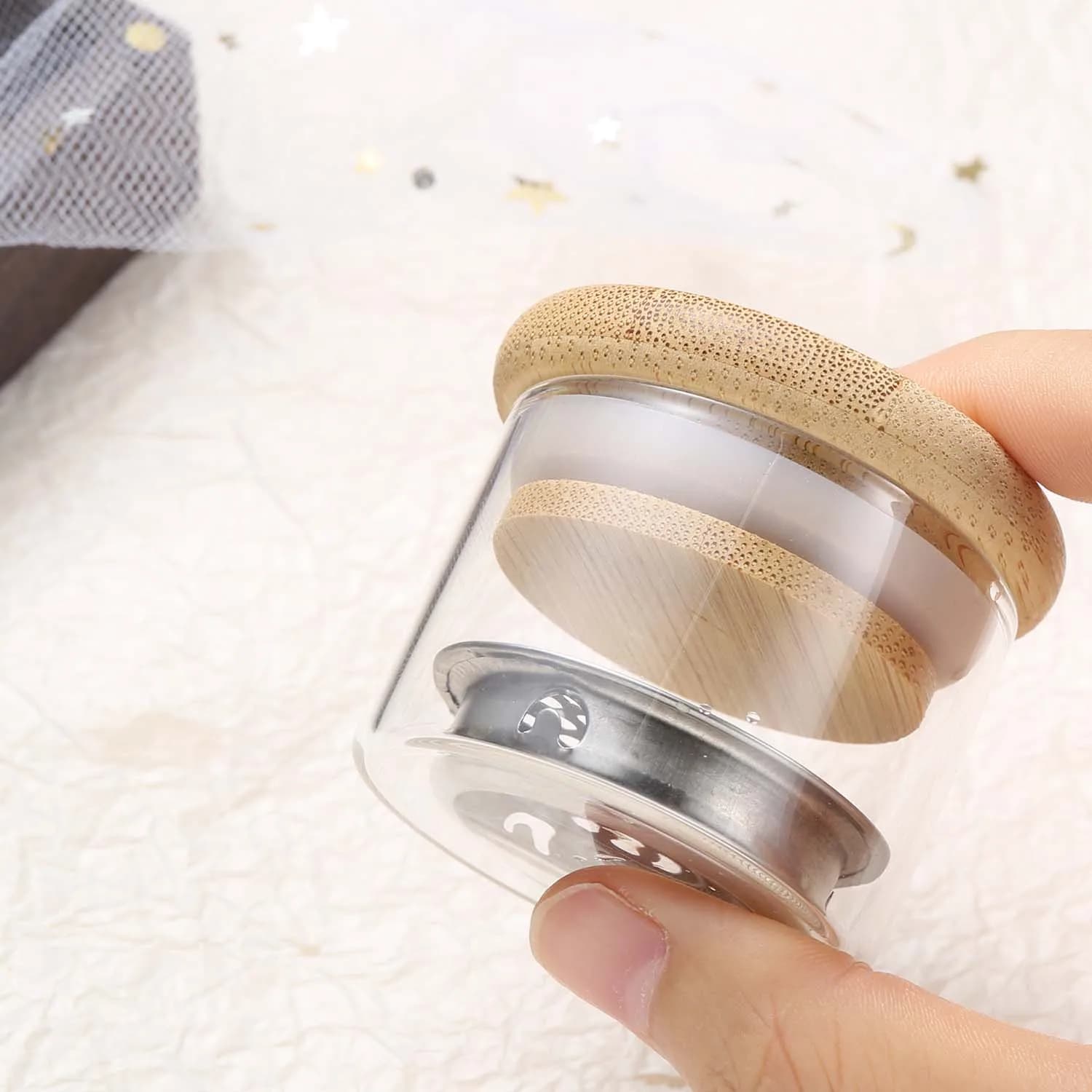 glass cup with stainless steel mesh for cleaning nail brushes — image 2