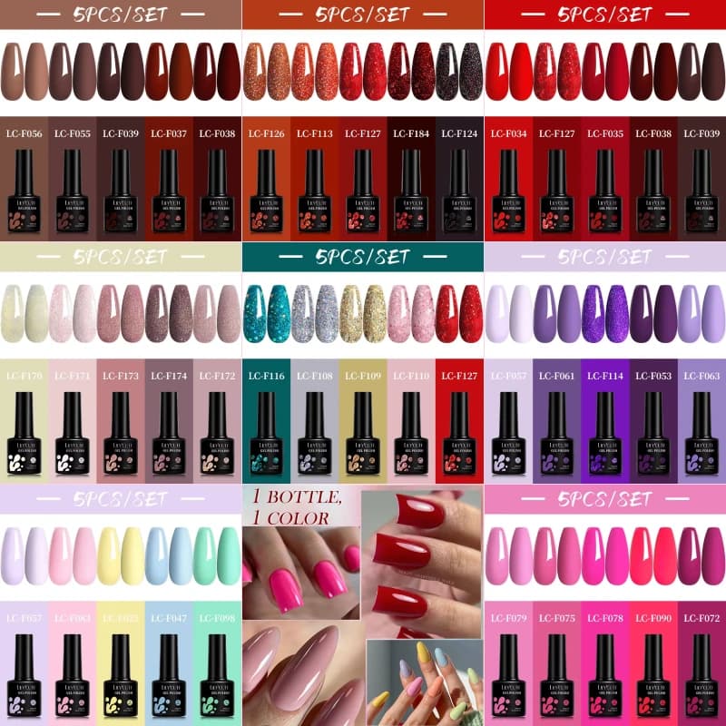set of five red and brown semi-permanent UV nail gel tubes — image 1