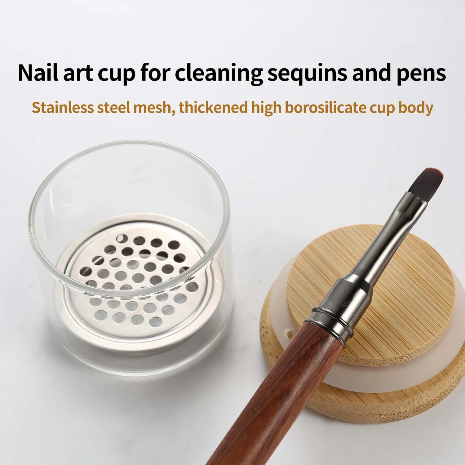 glass cup with stainless steel mesh for cleaning nail brushes — image 4