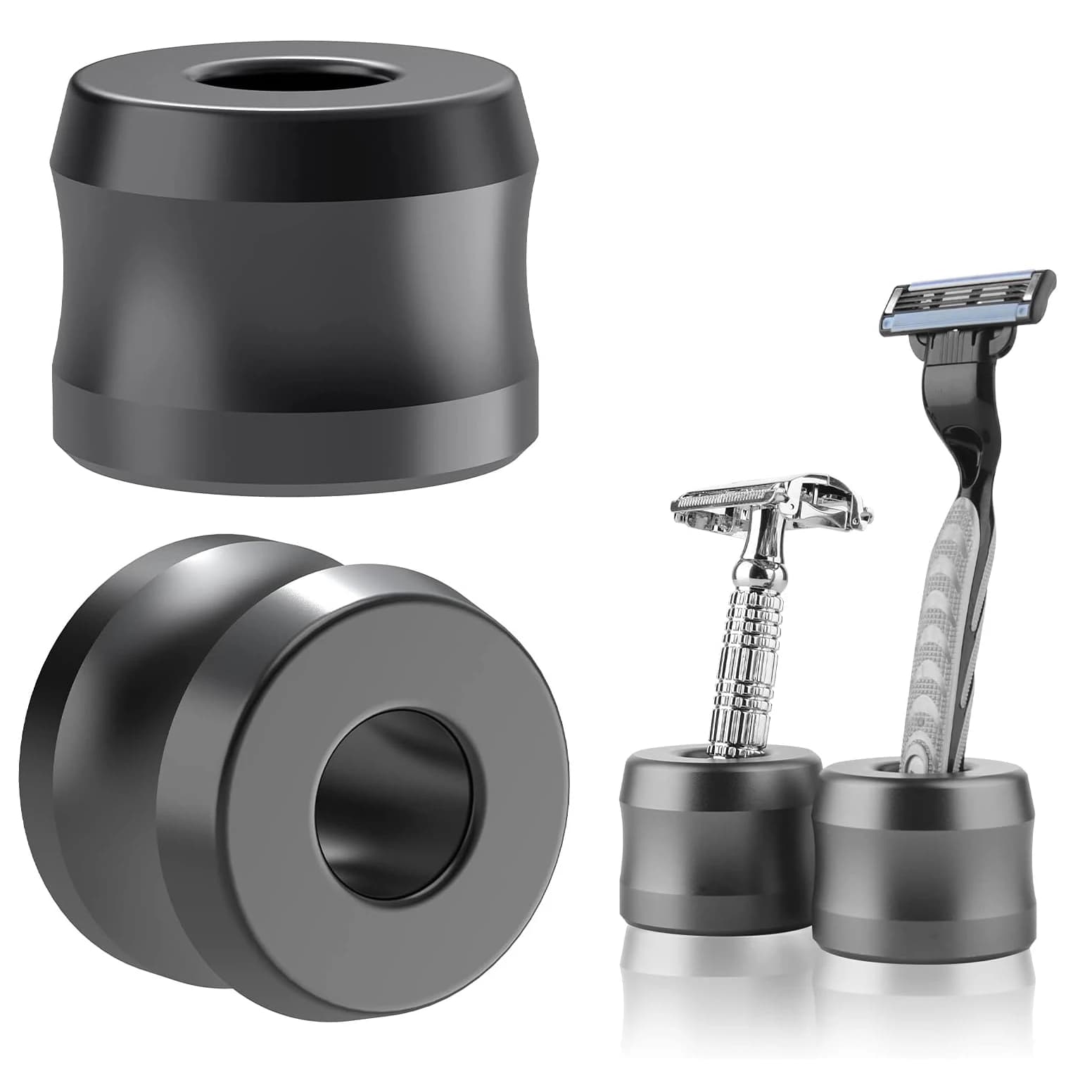 Aluminum safety razor stand on bathroom countertop — image 1