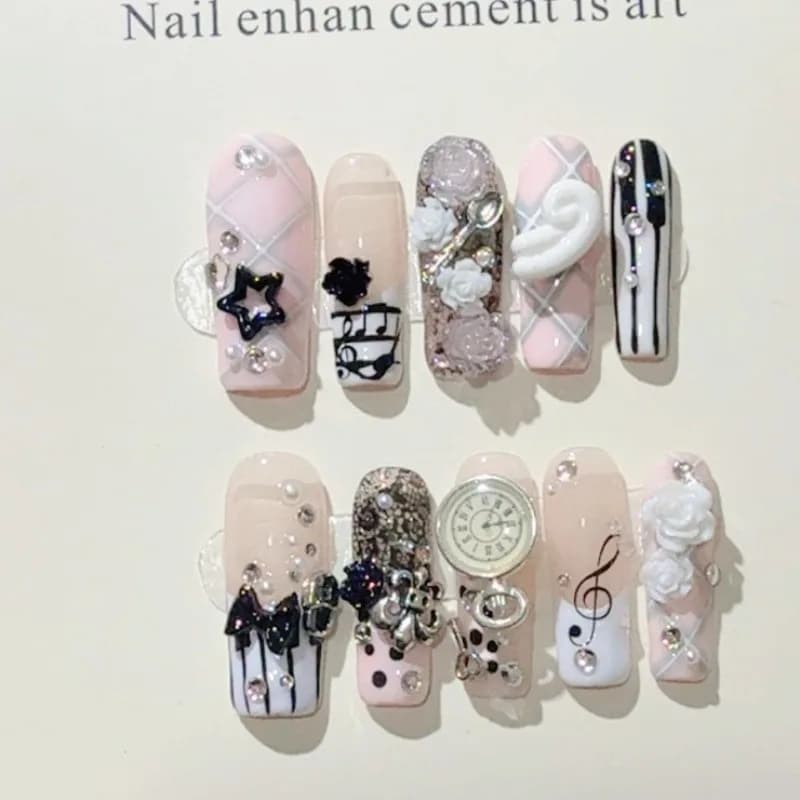 Handmade Retro Gyaru French Press-On Nails with 3D Rose Bow