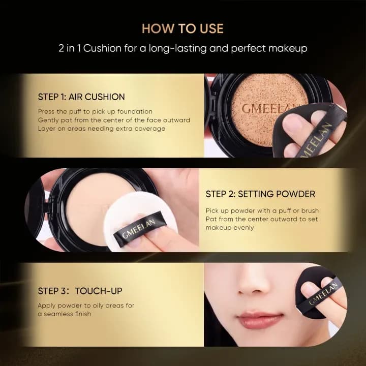 GMEELAN Air Cushion Foundation & Setting Powder Duo | Full Coverage Makeup | Oil Control | Funmento — image 6
