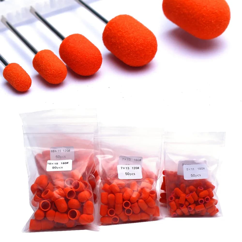 Orange Nail Sanding Caps with Rubber Drill Bit – 50 pcs