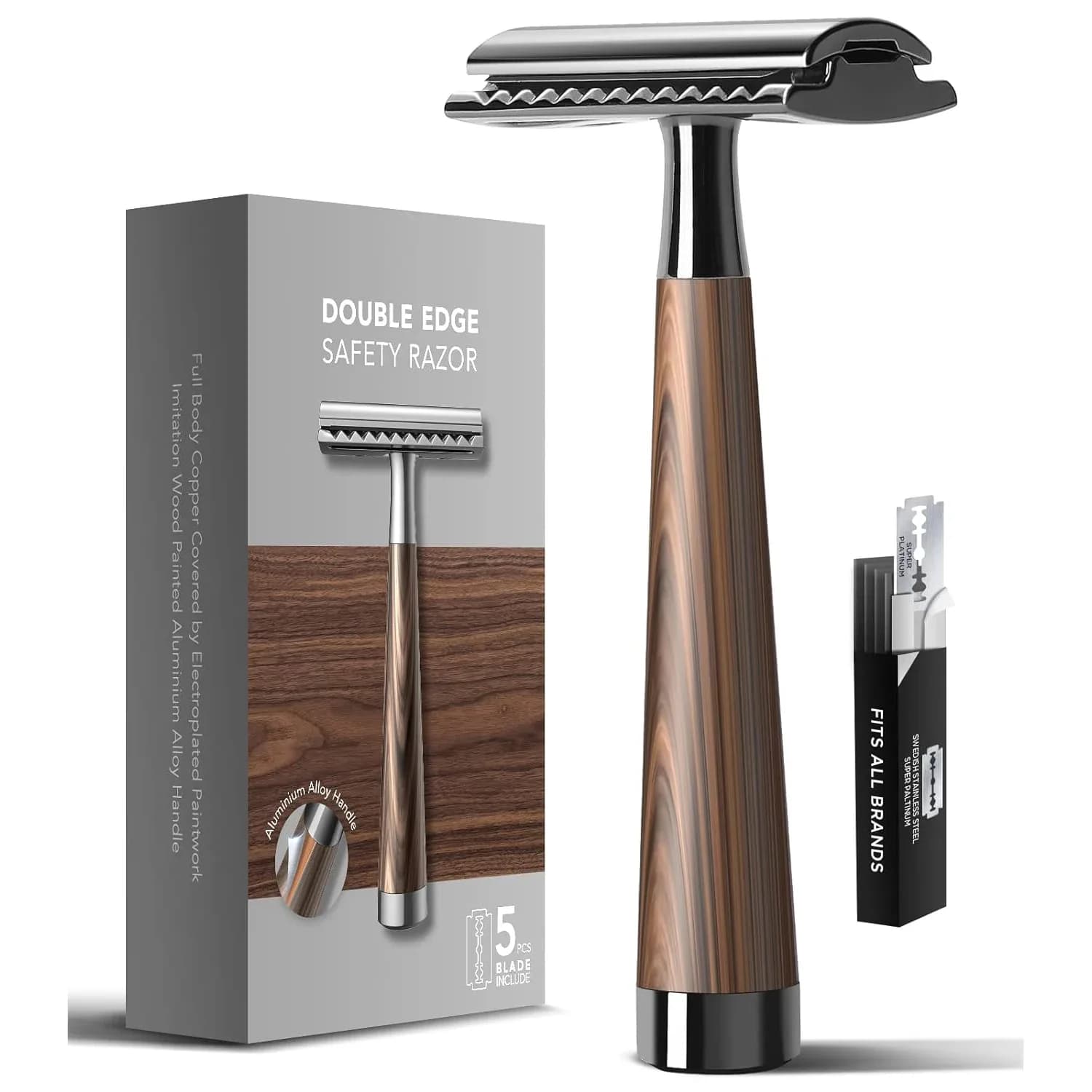 Double Edge Safety Razor – Zinc Alloy Handle with 5 Swiss Stainless Steel Blades