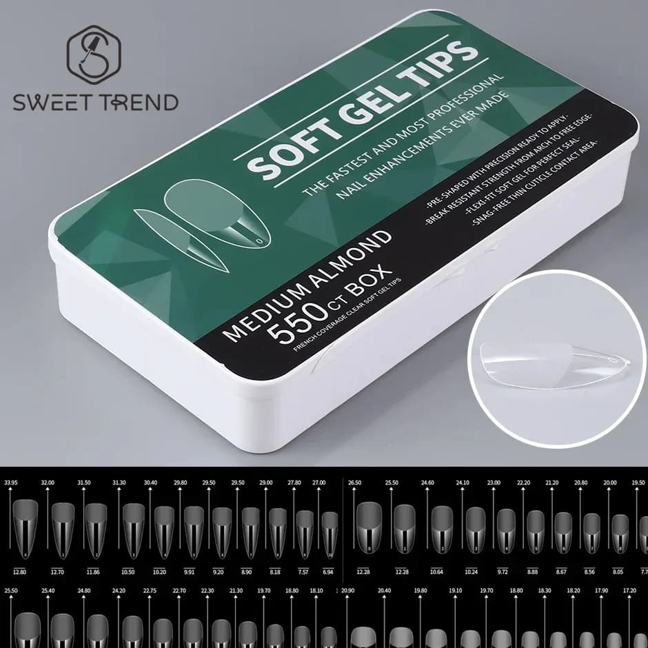 Soft Gel Nail Tips – Medium Short Almond Coffin, 550 pcs