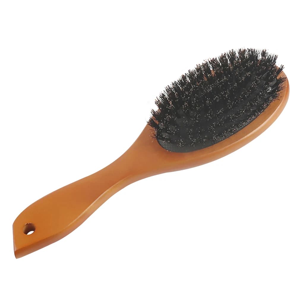 Oval natural boar bristle hair brush with wooden handle — image 2