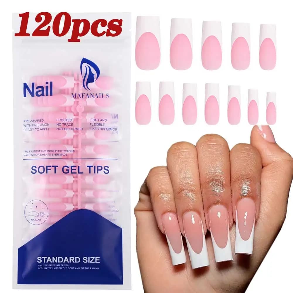 Matte white French gel nail tips, medium almond shape, nude color — image 7