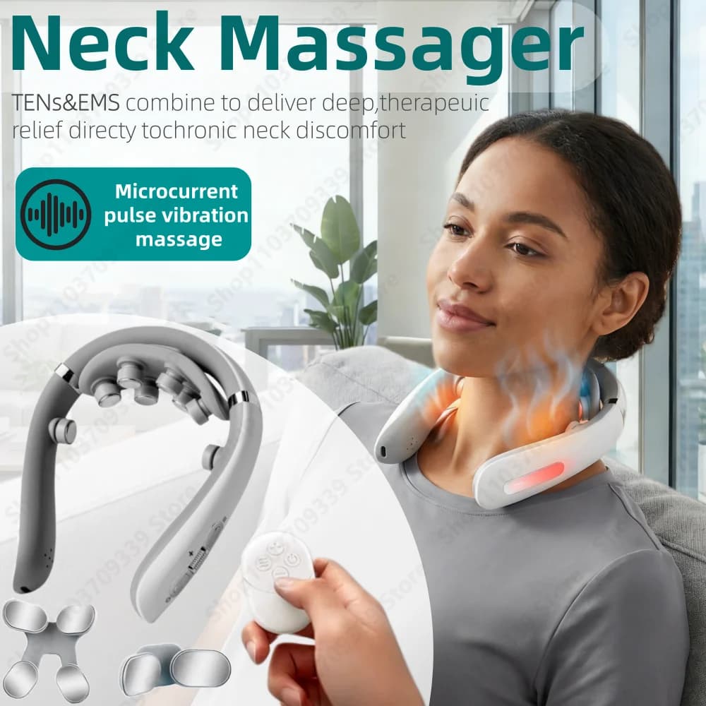 Electric Neck Massager with Microcurrent, Multi‑Head, Heating & Vibration