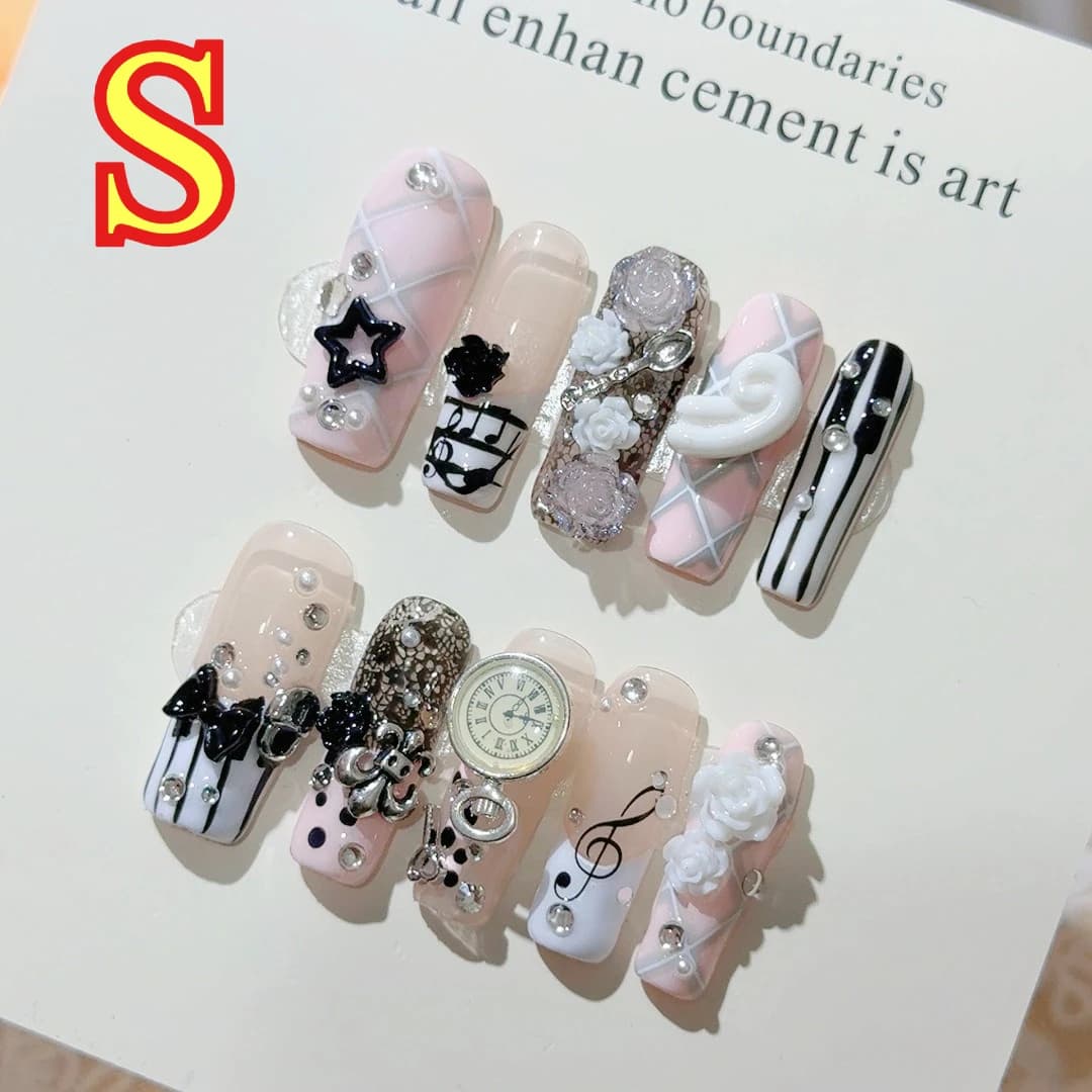 handmade retro gyaru french press-on nails with 3d rose bow — image 8