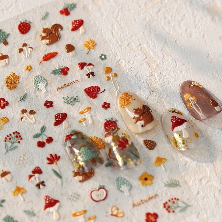 self adhesive nail art stickers with mushroom, apple, strawberry, cherry, pinecone and ginkgo leaf designs — image 3
