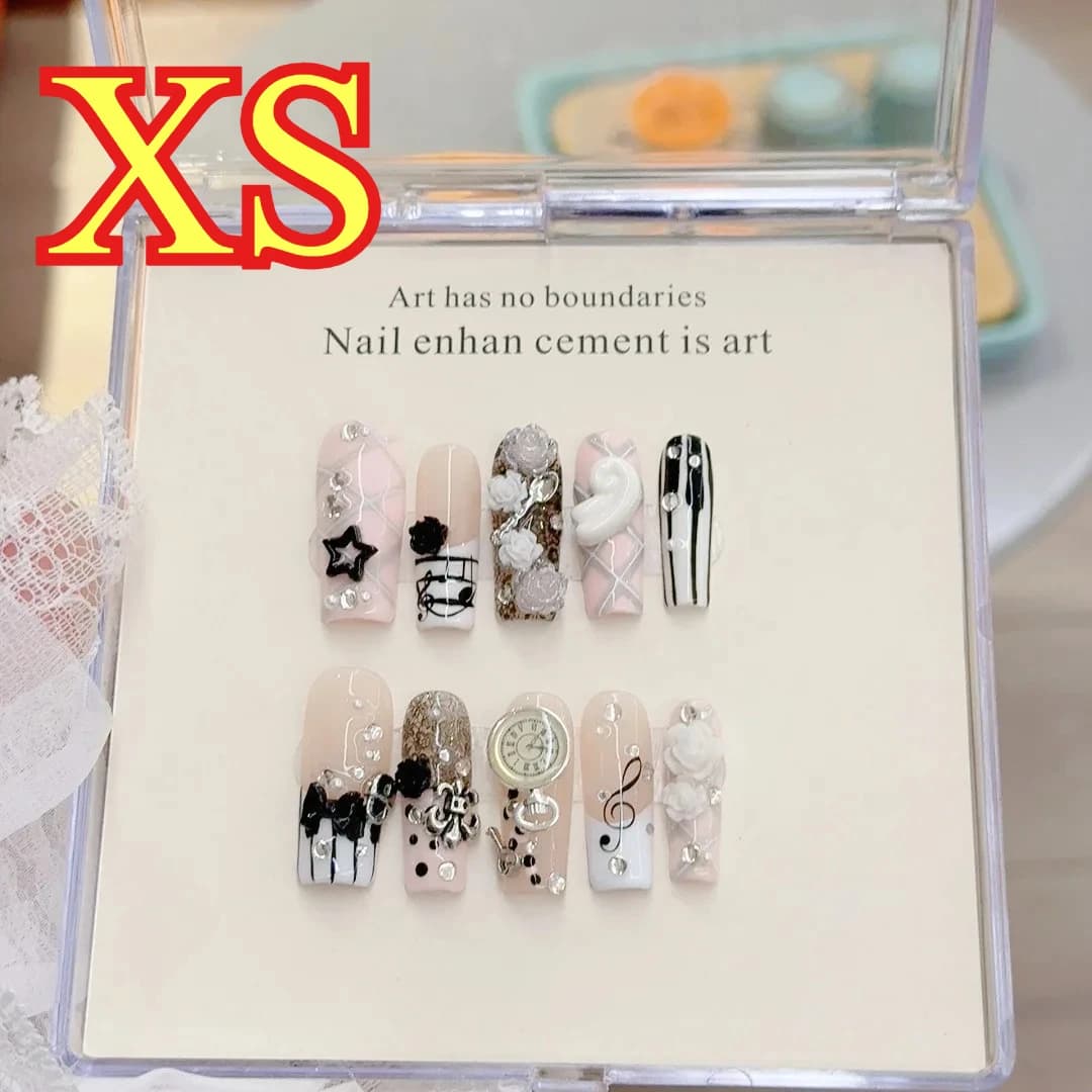 handmade retro gyaru french press-on nails with 3d rose bow — image 7