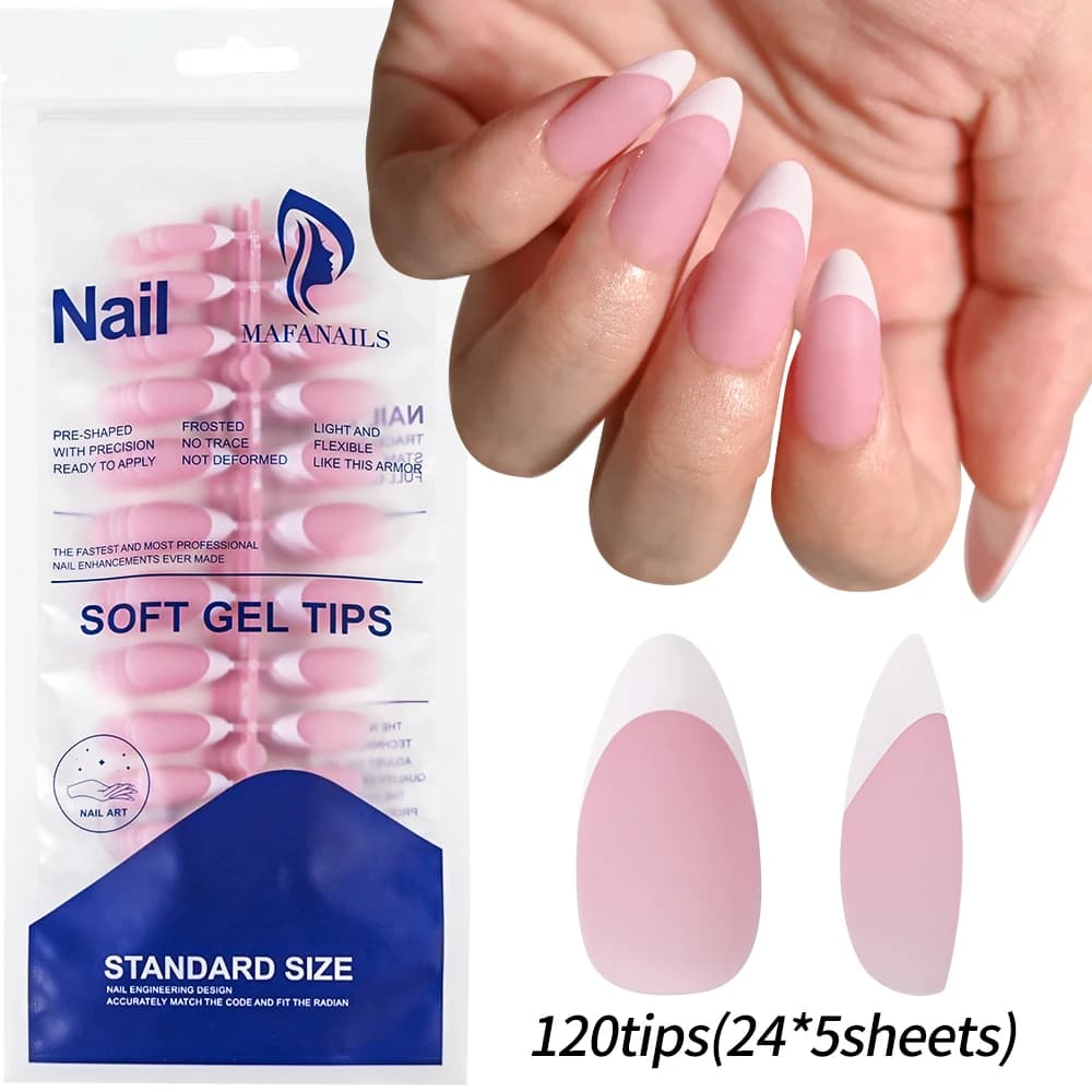 Matte white French gel nail tips, medium almond shape, nude color — image 6