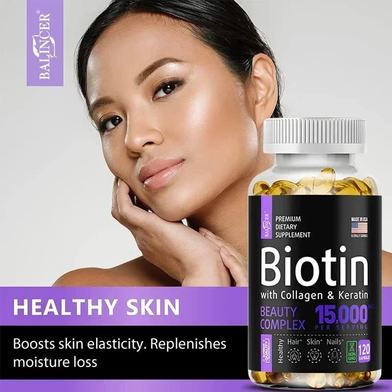 bottle of biotin 15000 mcg with collagen and keratin capsules — image 4