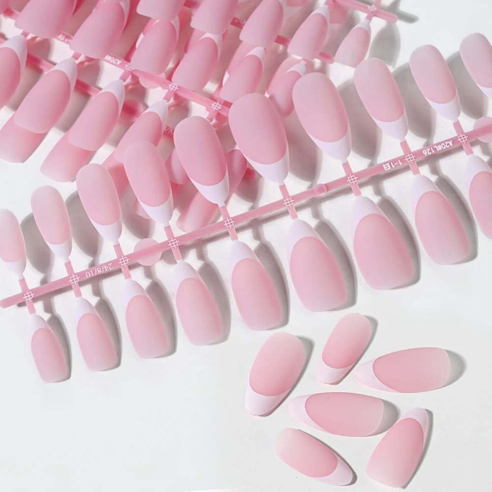 Matte white French gel nail tips, medium almond shape, nude color — image 5