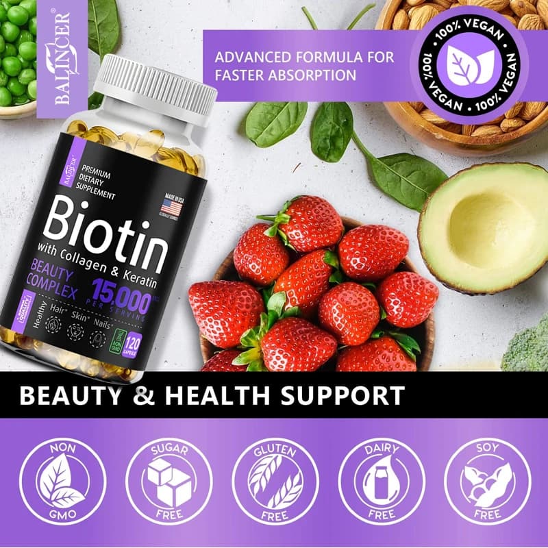 bottle of biotin 15000 mcg with collagen and keratin capsules — image 6