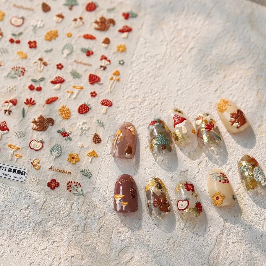 self adhesive nail art stickers with mushroom, apple, strawberry, cherry, pinecone and ginkgo leaf designs — image 4