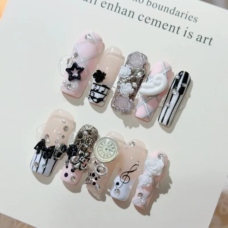 handmade retro gyaru french press-on nails with 3d rose bow — image 3