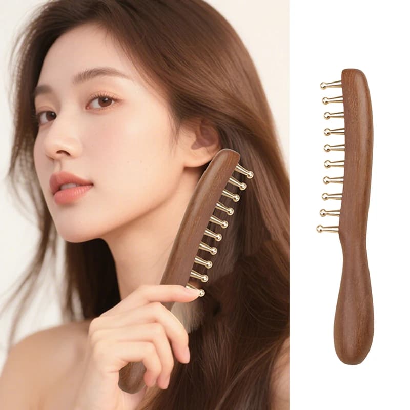 Golden sandalwood Gua Sha scraper with copper teeth — image 3